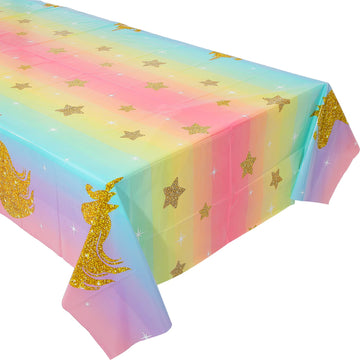 Unicorn Tablecloth 108 x 54 Inch Disposable Table Cover Multi-Color Stripe Plastic Tablecloths Unicorn Themed Birthday Party for