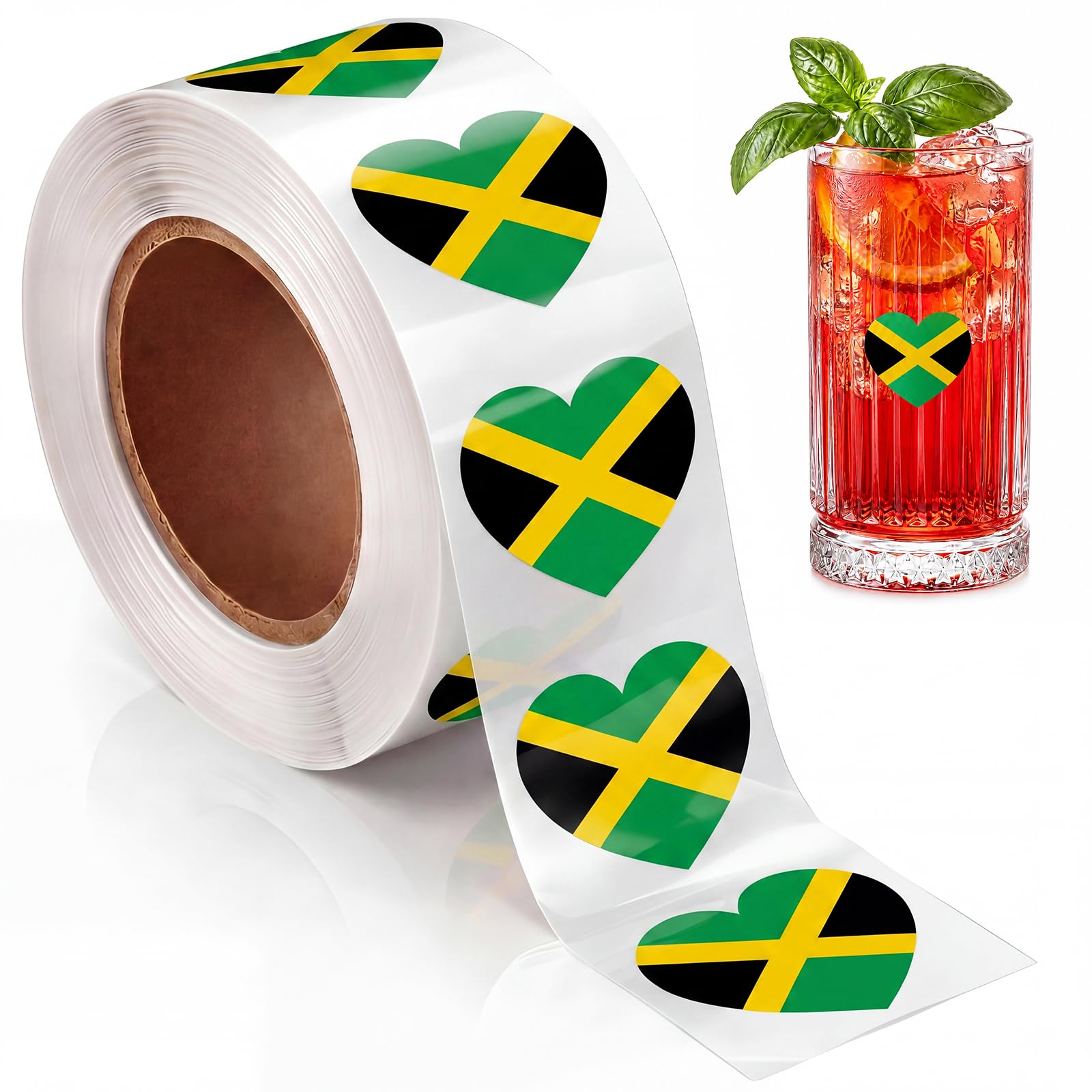 Frienda 500 Sheets Jamaica Stickers, Jamaican Flag Heart Stickers Waterproof for Coquito Bottles Water Bottles, Jamaica Theme Pa