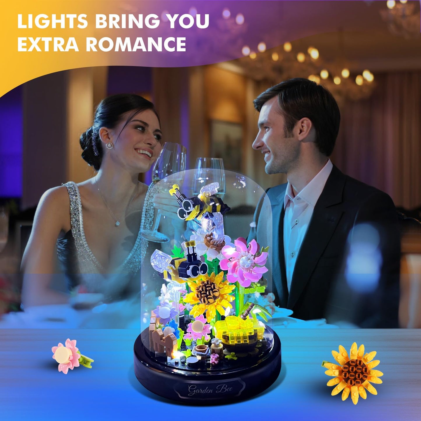 ZQJKLE Flower Bee Bouquet Building Blocks with LED String Light, Bee Flowers Botanical Collection, 588 Pcs Mini Bricks Toy for B