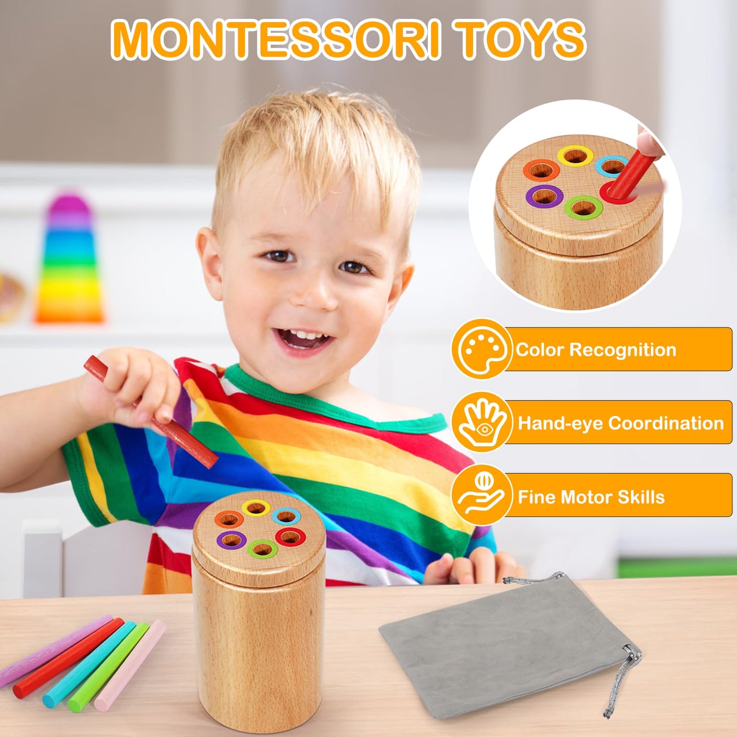 Montessori Toys For 1-3 Year Old, Travel Toys For Toddlers Wooden Color Sorting Toys For 18+ Month Old Boys Girls Learning Gifts