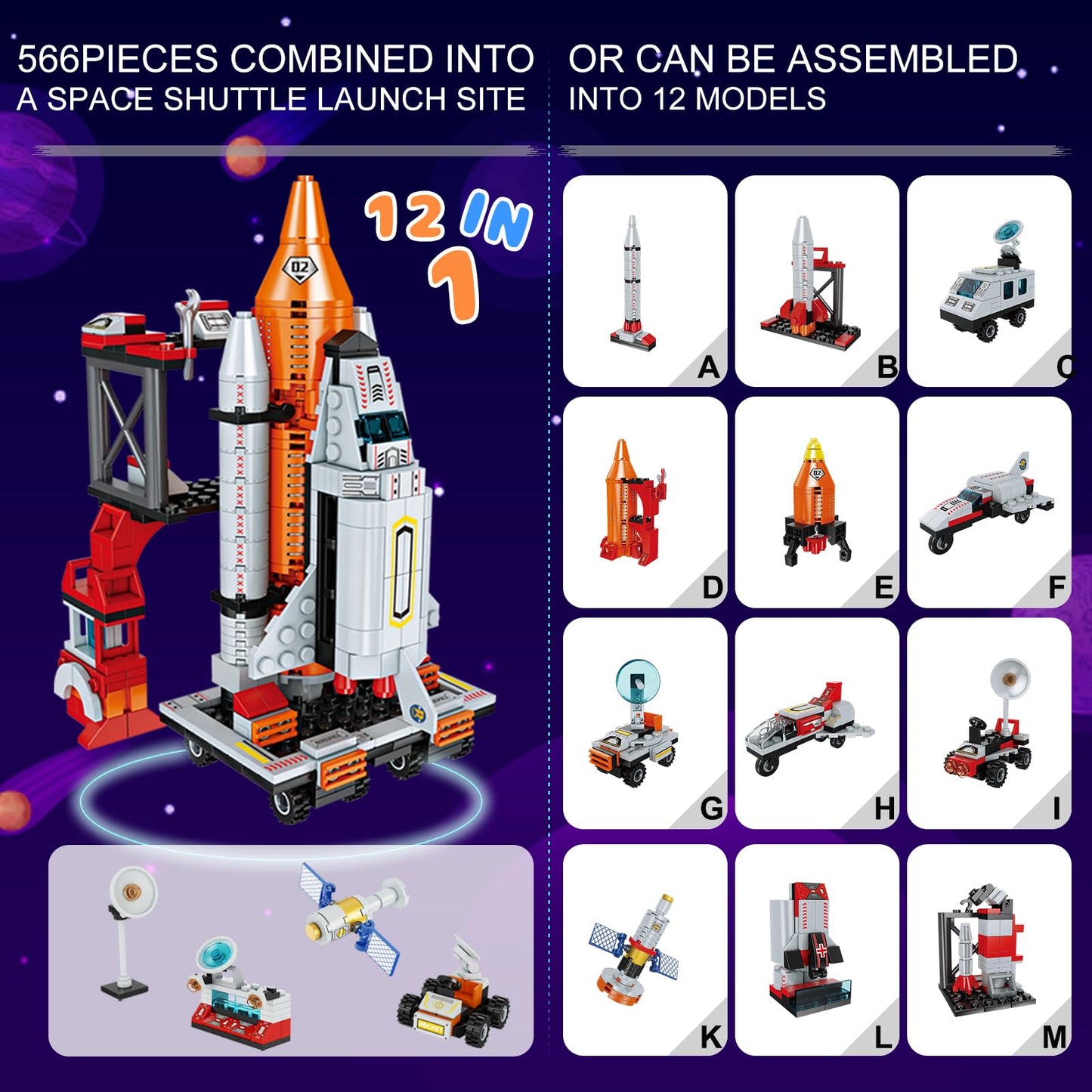 12 In 1 Aerospace Building Toys With Rocket Launcher.Space Shuttle Building Block Toys For Kids Aged 6-12.Stem Construction Toys