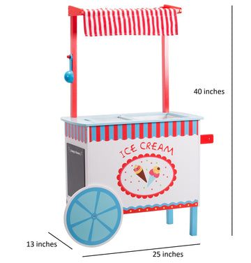 Ice Cream Cart Kids Pretend Play Stand- 33+ Pc Accessories, Realistic Premium Wooden Toy Set, Money Box, Chalkboard & Icecream T