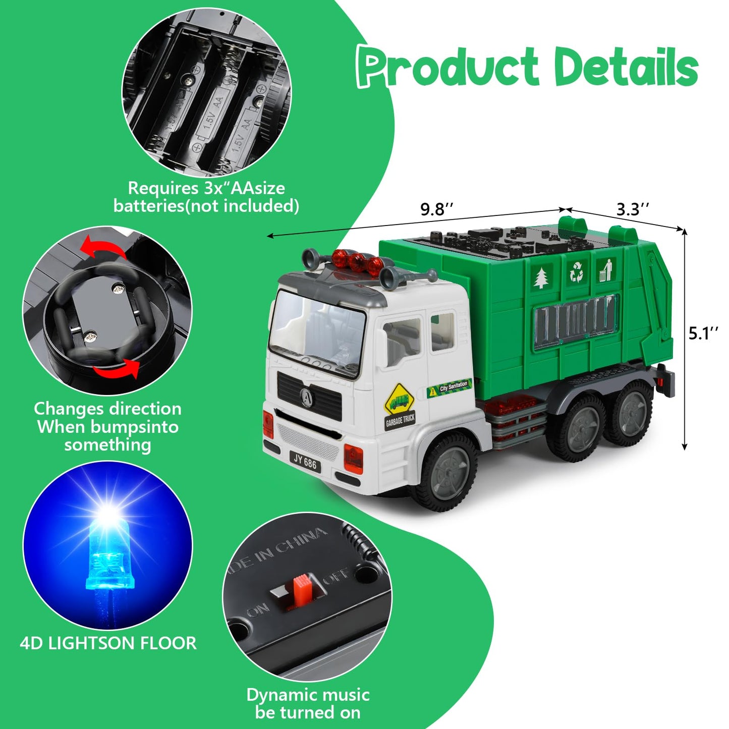 choopheme Garbage Truck Toys with Music 4D Led Light Automatic Bump Light up Toys Garbage Truck Engine Push Car Toy Vehicle Tras
