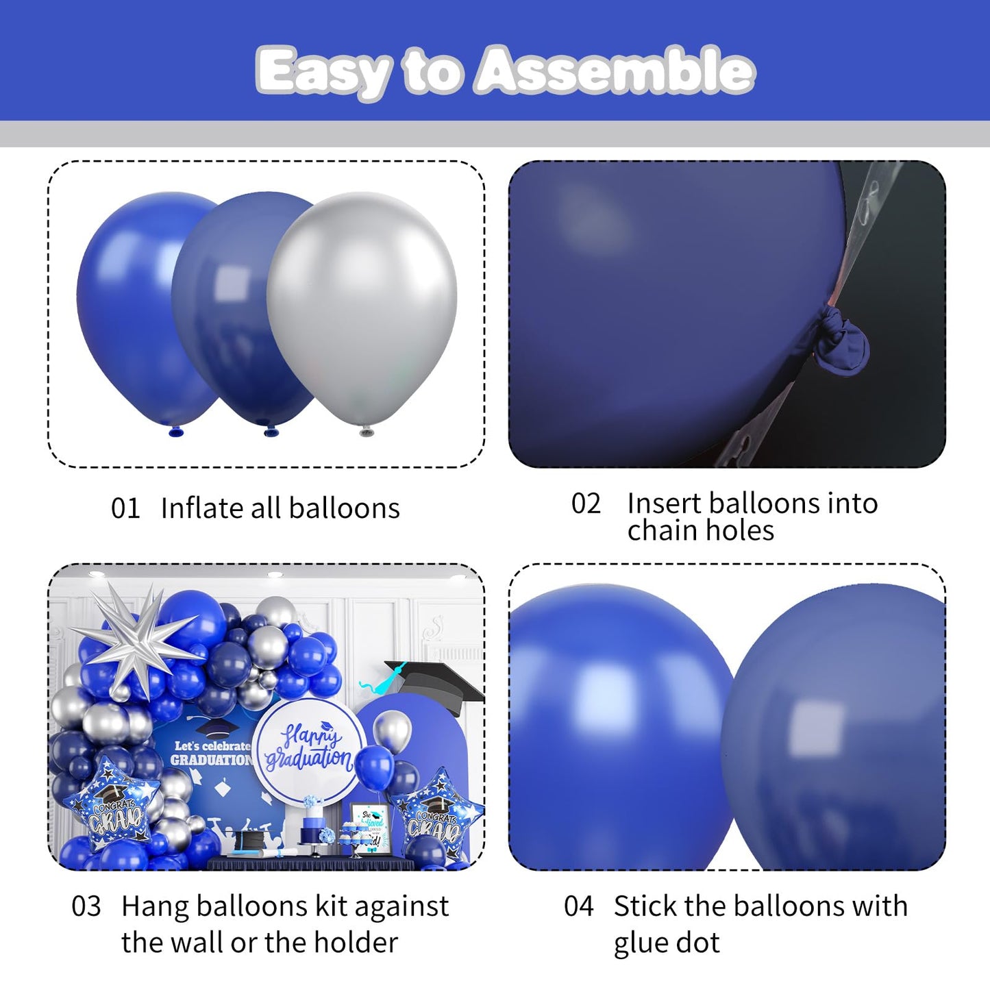 Graduation Balloon Garland Arch Kit, Navy Blue Metallic Silver Balloons With Satr Graduation Hats Foil Balloons For Graduation Baby Shower Birthday Party Decorations