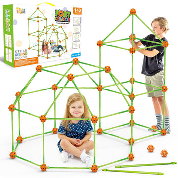 Fort Building Kit For Kids,Stem Construction Toys, Educational Gift For 3 4 5 6 7 8 9 10 11 12 Years Old Boys And Girls,Ultimate Creative Set For Indoor & Outdoors Activity,140 Pcs,Orange