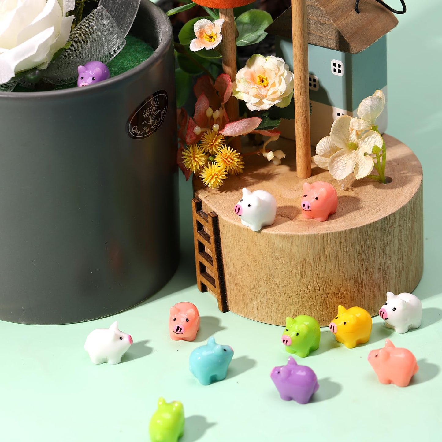 Fuyamp 120Pcs Colorful Mini Resin Pigs Tiny Pigs Miniature Ornament Pig Charms For Garden Landscape Aquarium Dollhouse Birthday