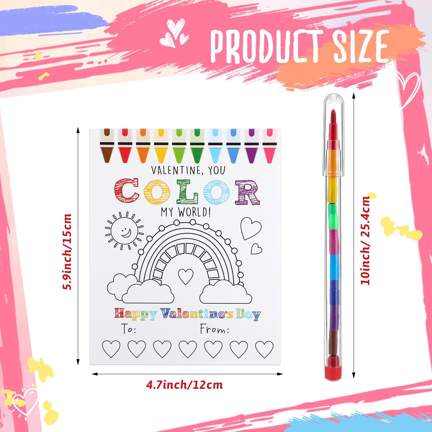 Weekgrat 24 Pcs Valentines Day Kids Gift Sets DIY Valentines Coloring Greeting Card 10 Color Stackable Crayon Valentines School