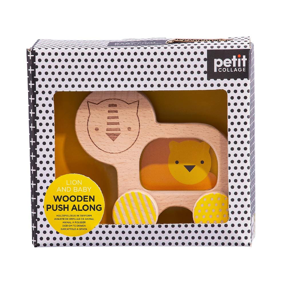 Petit Collage Wooden Push Toy - Lion & Baby, Ideal for 12+ Months, Encourages Movement, Model PTC540, Eco-Friendly Wood