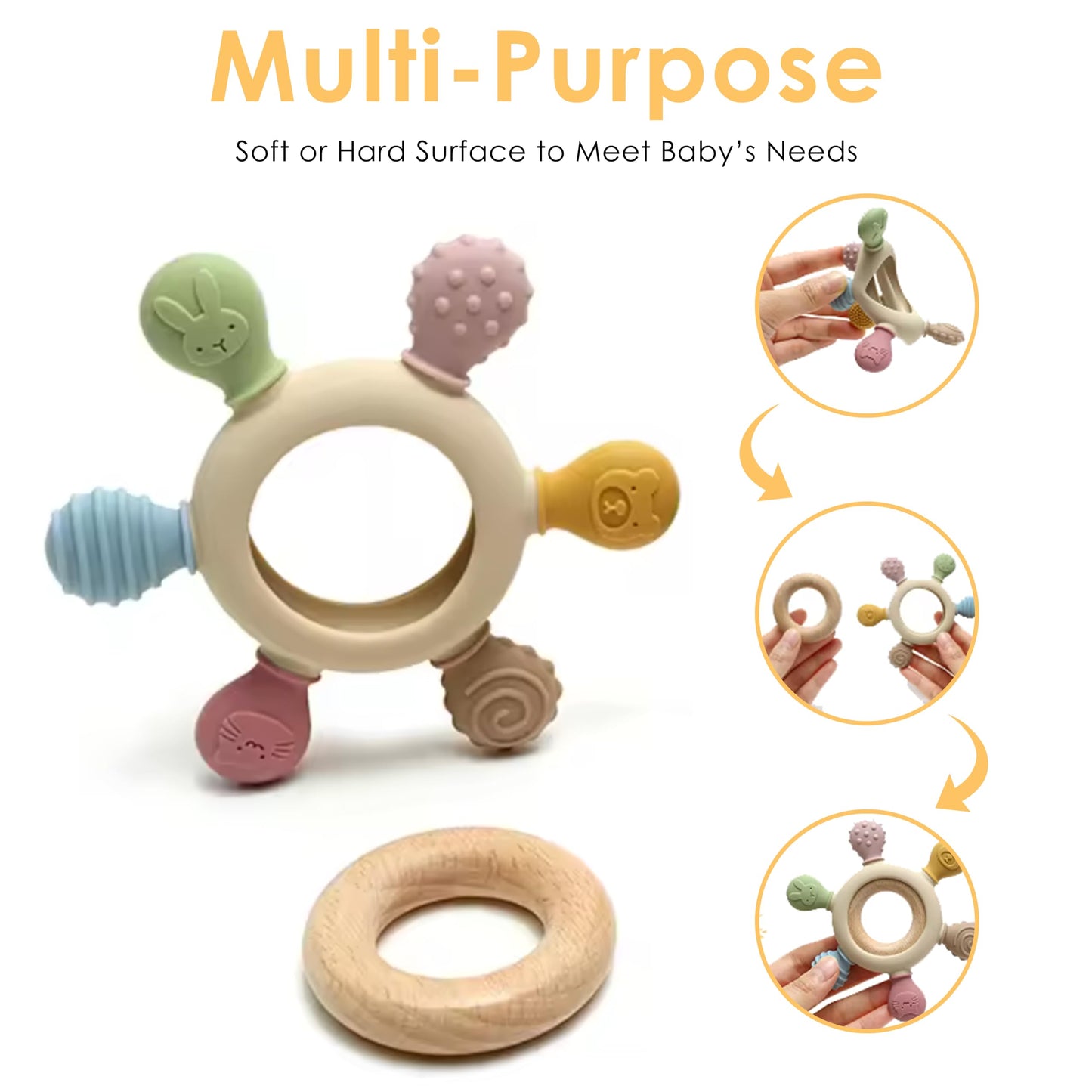 [Babybite] Baby Teething Toys Silicone And Beechwood Baby Teether Ring For Sensory And Developmental Play For Baby And Toddler 1