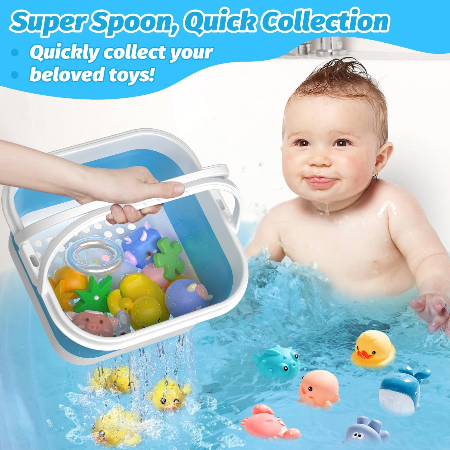 Anivia Foldable-Bath-Toy-Storage-Organizer, Bath Toy Holder With Removable Base, Quick-Drain-Drying Bathtub Toy Storage, Basket Bathroom Shower Toys Holder For Kids (Blue)