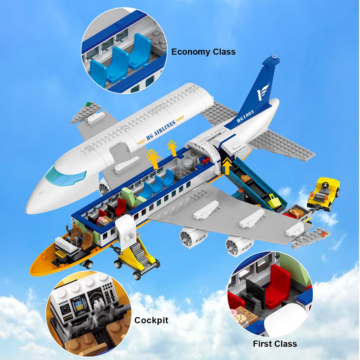 Cubimana Large City Passenger Airplane Building Toys With Led Light, 21 Inches Plane Building Sets With 2Pcs Luggage Trucks, Ter