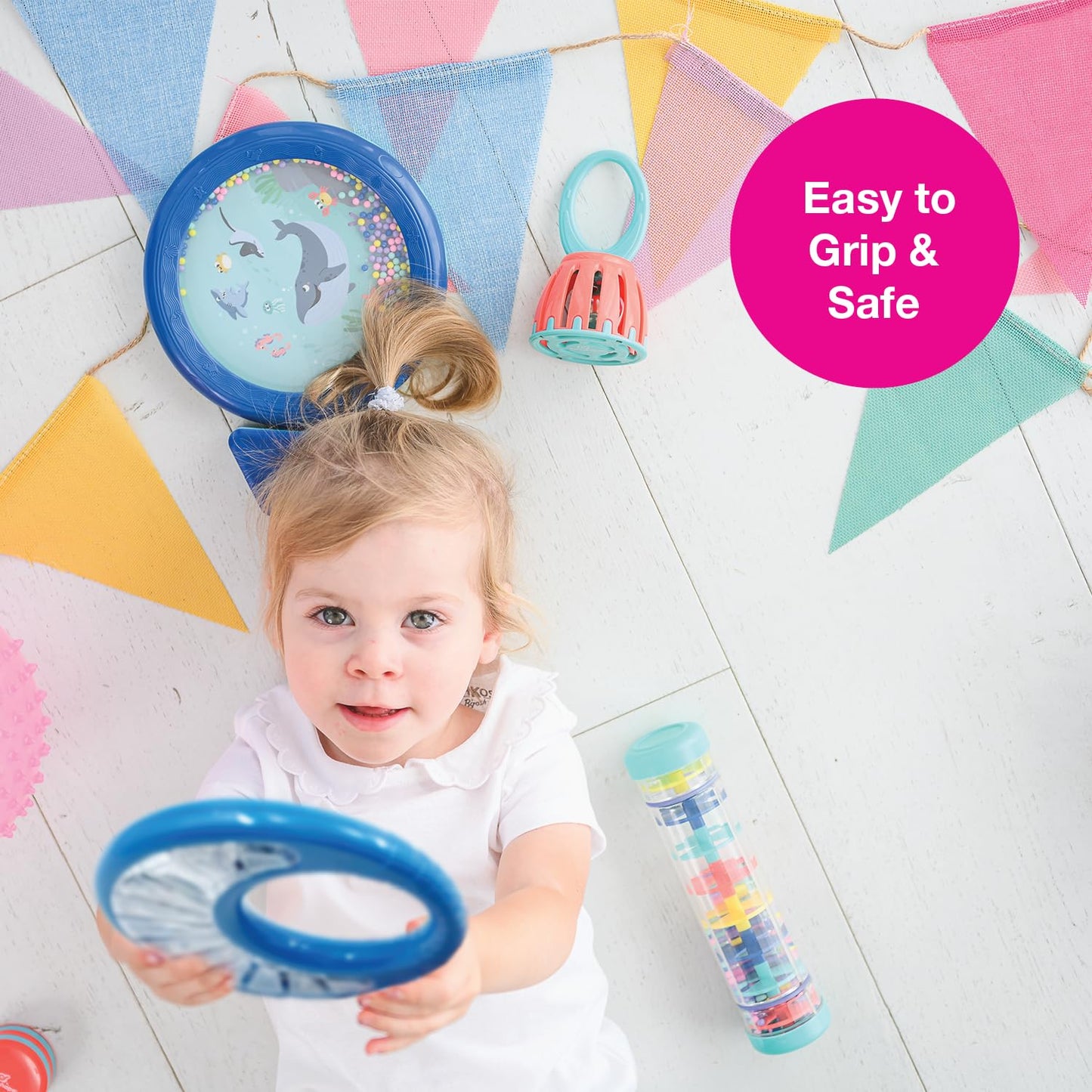 Edushape Classic Tambourine For Kids, Blue - Percussion Musical Instrument Baby Tambourine For Toddlers 1-3, Kids Tambourine Fun Tummy Time, Fine Motor, Auditory And Visual Sensory Development