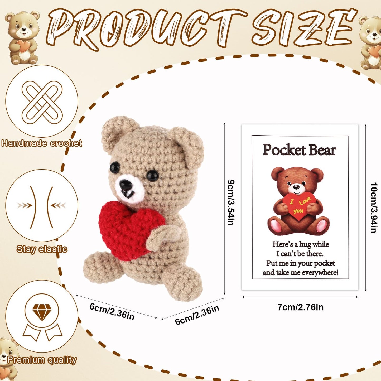 Positive Bear, Pocket Hug Bear With Love Heart Bear Crochet Doll Valentine Bear Emotional Support Animals Knitted Bear Toy For C
