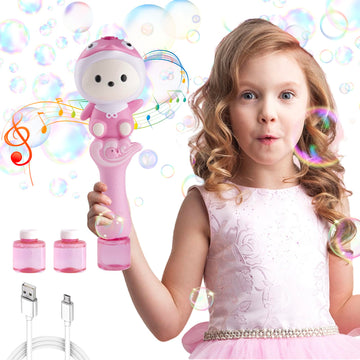 Cute Bubble Wand Machine For Kids,Automatic Electric Cartoon Musical Light Usb Rechargeable Bubble Maker With 2 Bubble Solutions