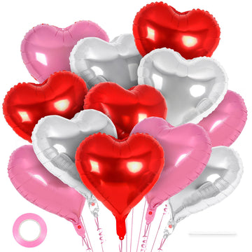 12 Pcs Red Pink And Silver Heart Balloons,18 Inch Heart Foil Balloons Love Balloons Valentine Balloons For Birthday Party Weddin