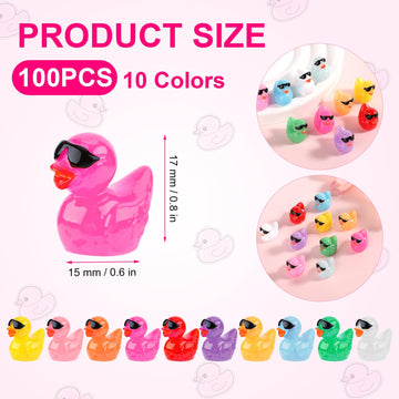 100Pcs Mini Resin Ducks, Tiny Colorful Miniature Duck With Sunglasses Micro Figures Toy For Decor Diy Dollhouse Party Birthday Ornament Landscape Aquarium Garden Potted Plant Decoration (10 Colors)