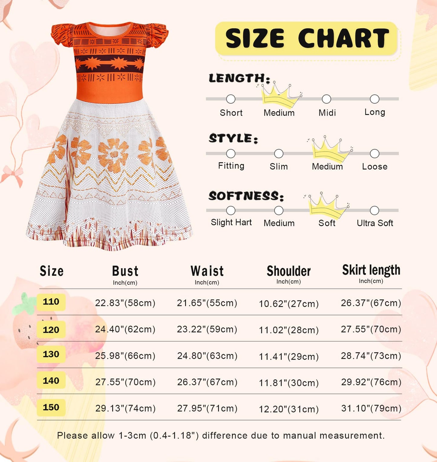 Eledobby Princess Dress For Girls Kids Halloween Costume Birthday Party Cosplay Outfits 7-8Years Orange
