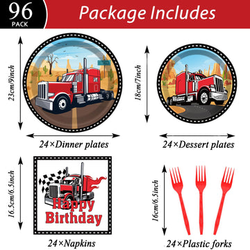 gisgfim Semi Truck Party Supplies Set - 96 Pcs Paper Plates & Napkins for Kids Birthday, Red Tractor Trailer Theme, Serves 24