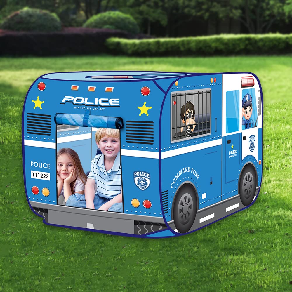 Artcreativity Police Car Tent With Carry Bag, Pop Up Indoor Tent For Kids, Police Officer Indoor Playhouse With 2 Openings, Flat-Folding Kids Play Tent For Compact Storage, 43.5 X 28 X 26.5 Inches