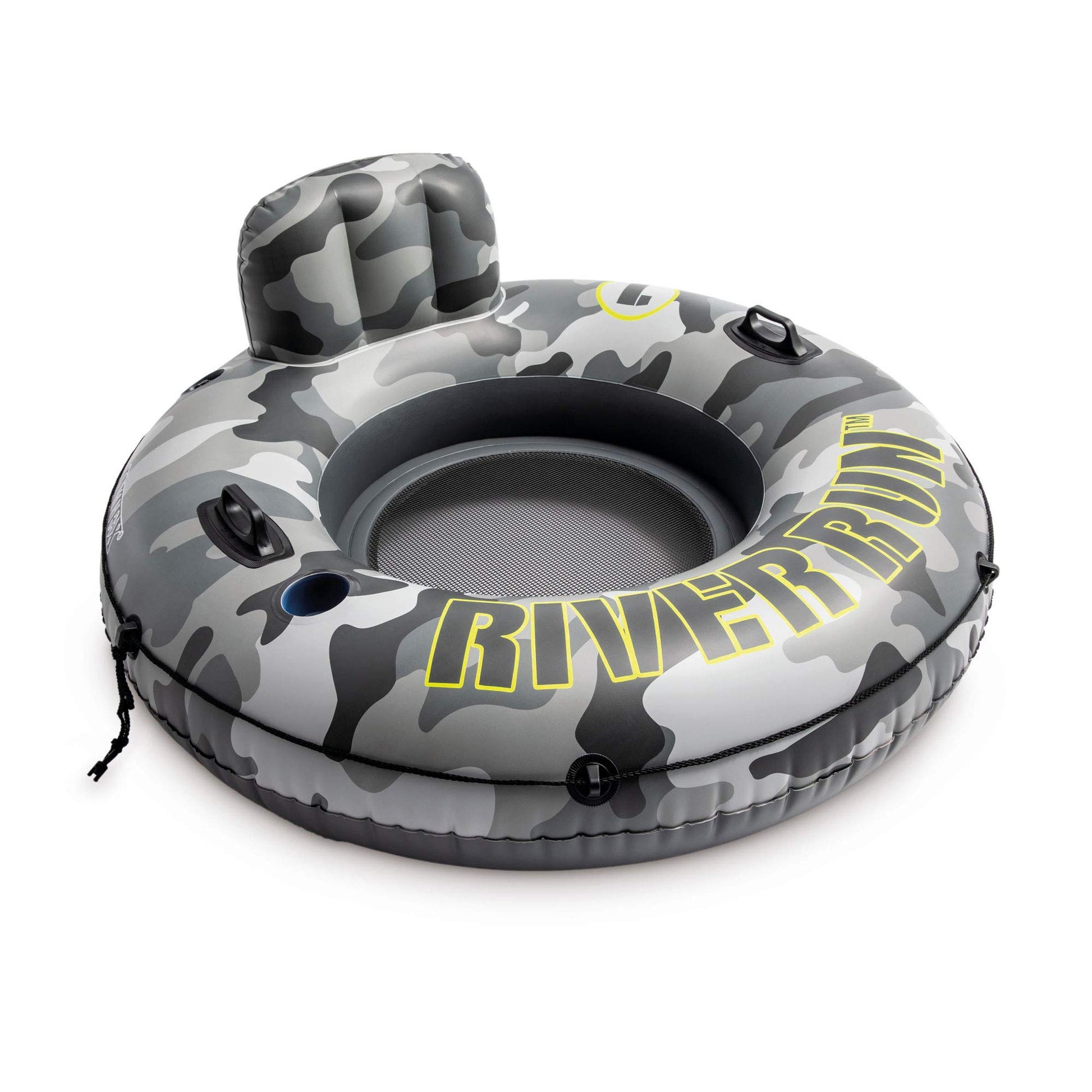 Intex 56835Ep River Run I Camo Inflatable Floating Towable Water Tube Raft With Cup Holders And Handles For River, Lake Or Pools