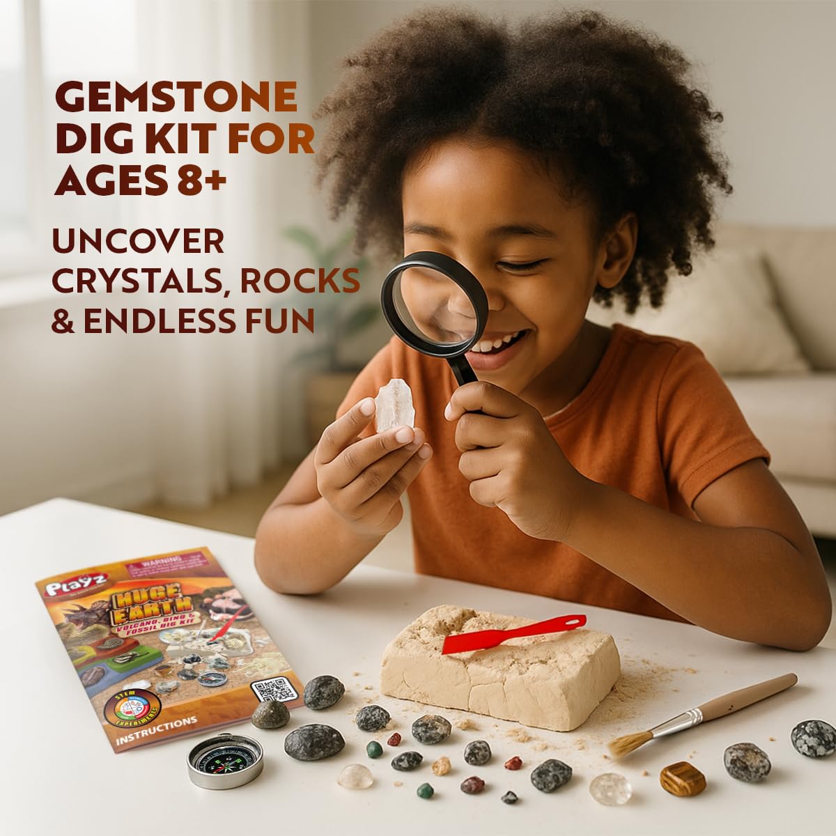 Playz Fossil Digging Kit For Kids Ages 6-12 - Dinosaur Fossil Excavation Tools, Paleontology Volcano Lab & Mining Activity Set