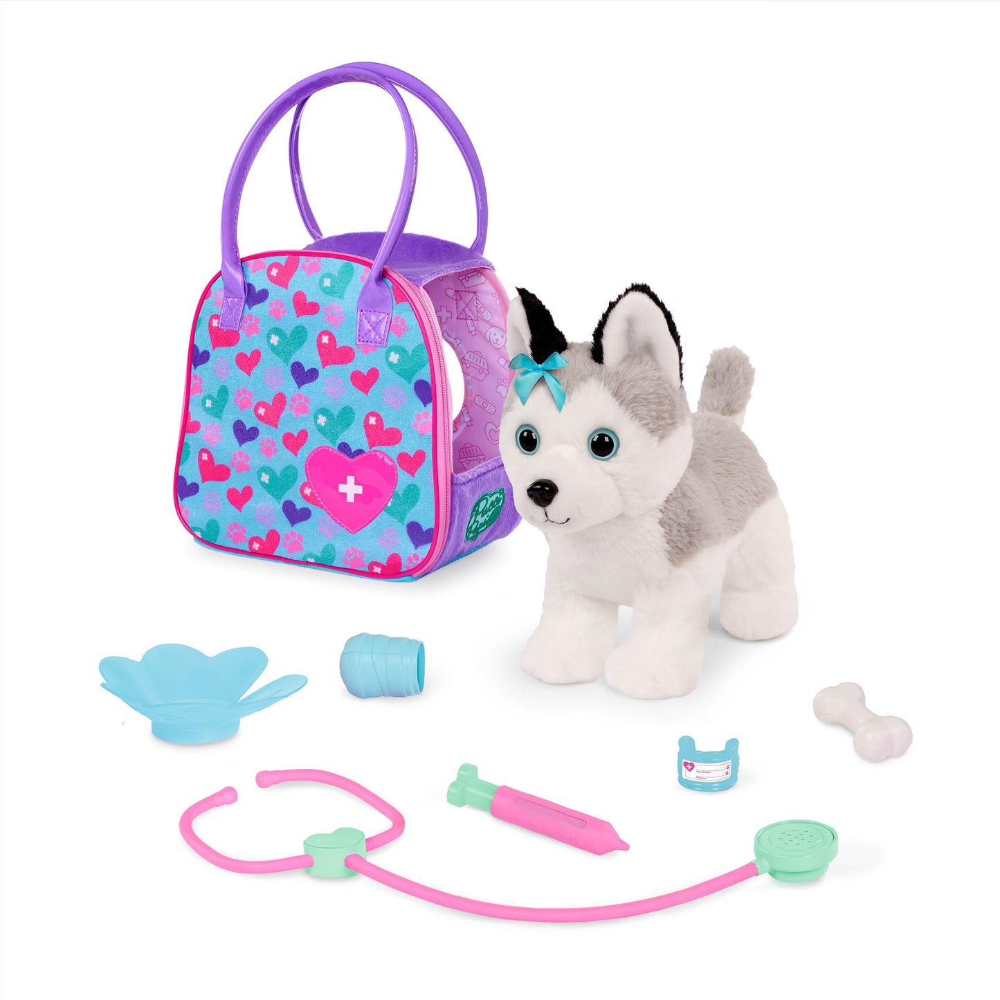 Pucci Pups - Plush Husky - Stuffed Animal - Carrier Bag - Stethoscope, Cast & More - Kids 3 Years + - Husky & Vet Care Carrier