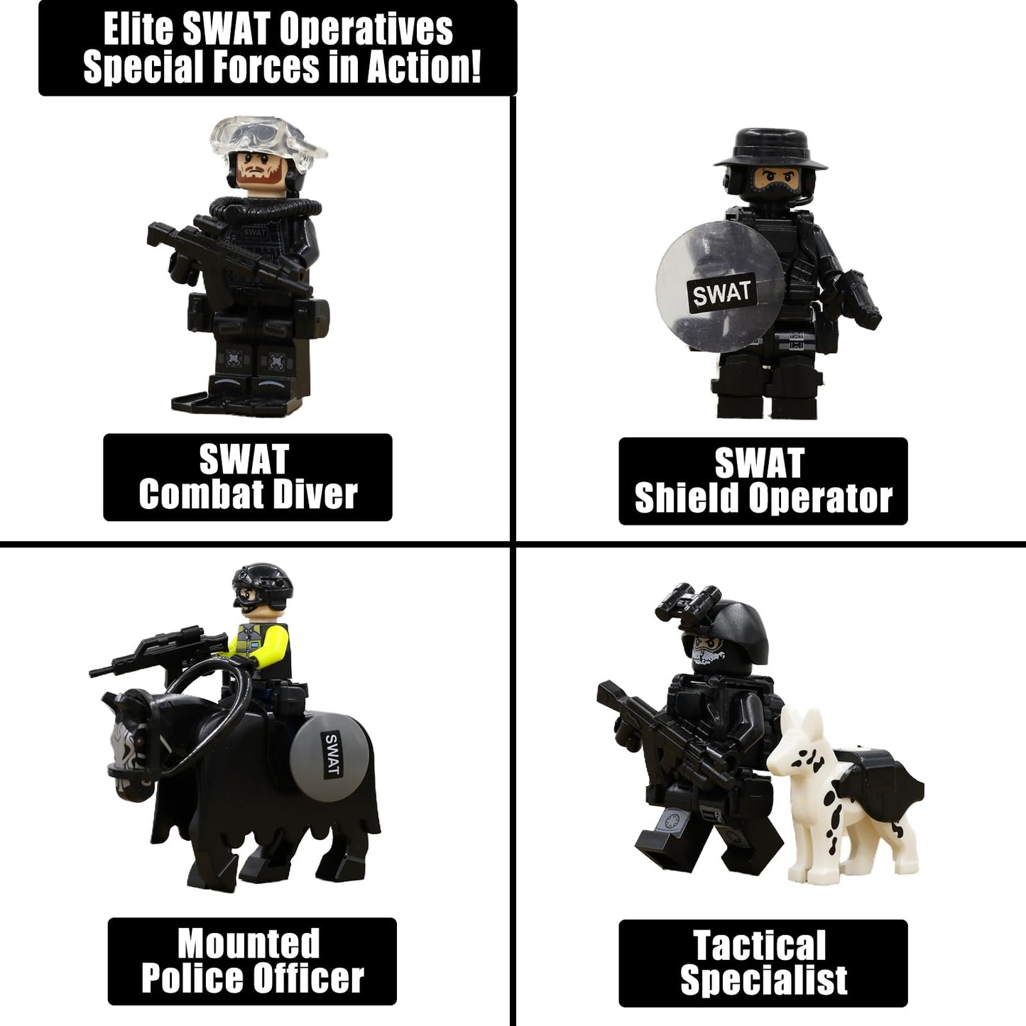 Koowants SWAT Set with 12 SWAT Officers  2 Mounted Police with Horse - 1 Helicopter  1 protective coveringed SWAT SUV Vehicle and 2 Motorcycle Safe & Durable ABS - Great Gift for Kids  Boys  and Collectors