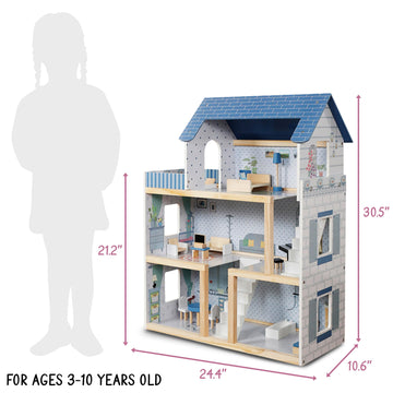 Lil' Jumbl Kids Wooden Dollhouse, 17-Piece Accessories & Furniture Are Included, With Balcony & Stairs, 3 Story Easy To Assemble