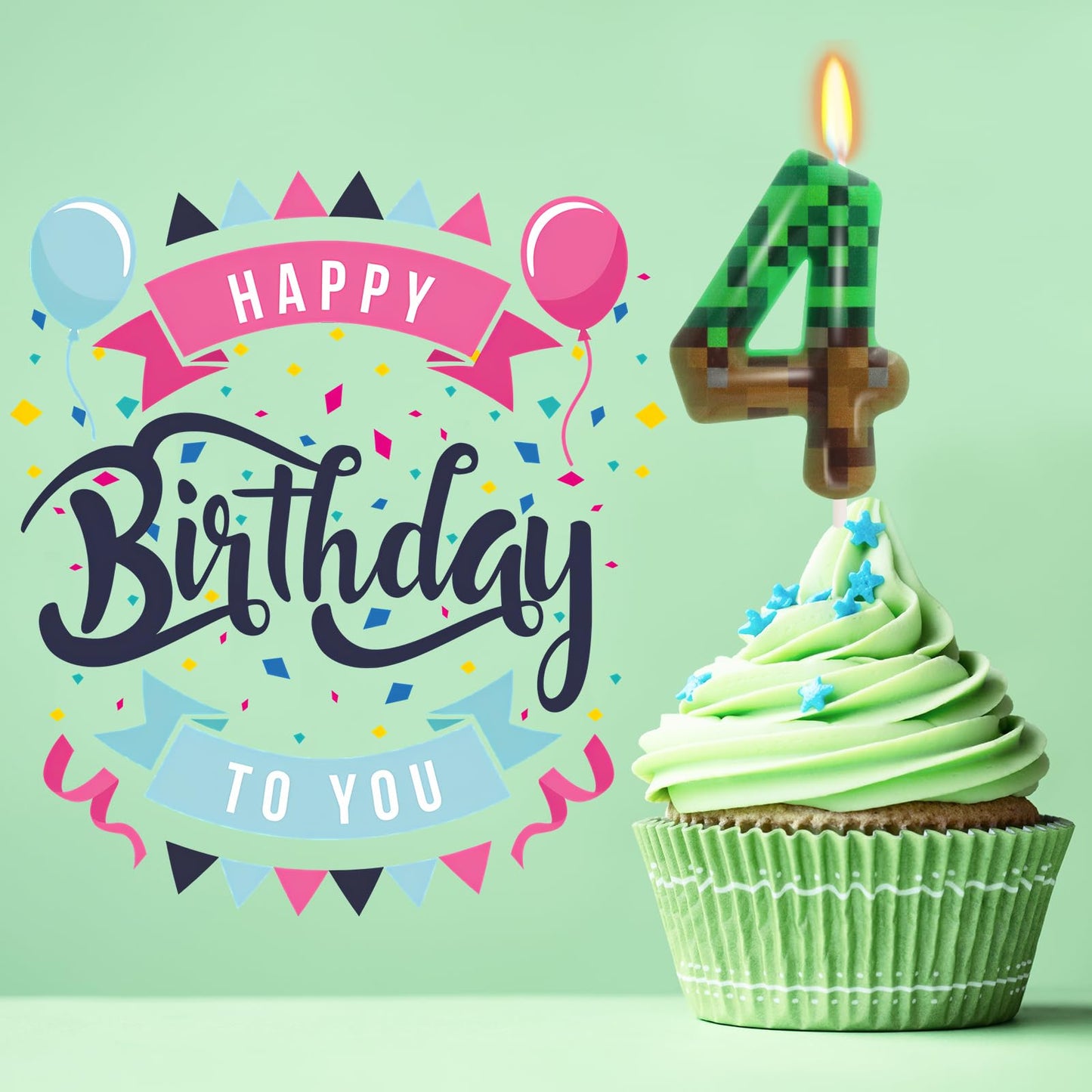 4th Pixel Miner Birthday Candles, Pixels Cake Topper for Boys Girls, TNT Themed Birthday Decorations Party Supplies (Number 4)