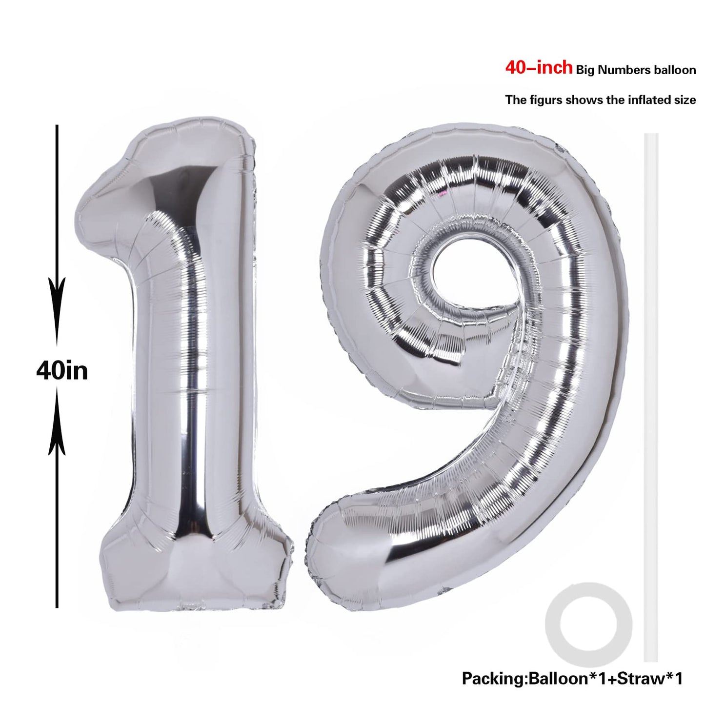 40 Inch Number 19 Balloon Silver Jumbo Giant Big Large Number 19 Foil Mylar Silver Balloons 91Th Birthday Party Anniversary Deco