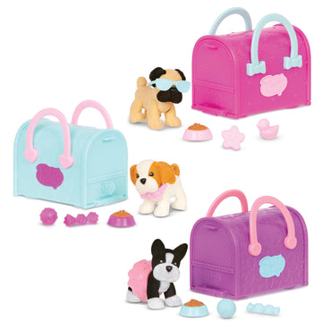 Pucci Pups Collectible Puppy Set - Boston Terrier, Pug, Shih Tzu - Small Fabric Carrier Purse - Multicolor Toys for Kids 3+