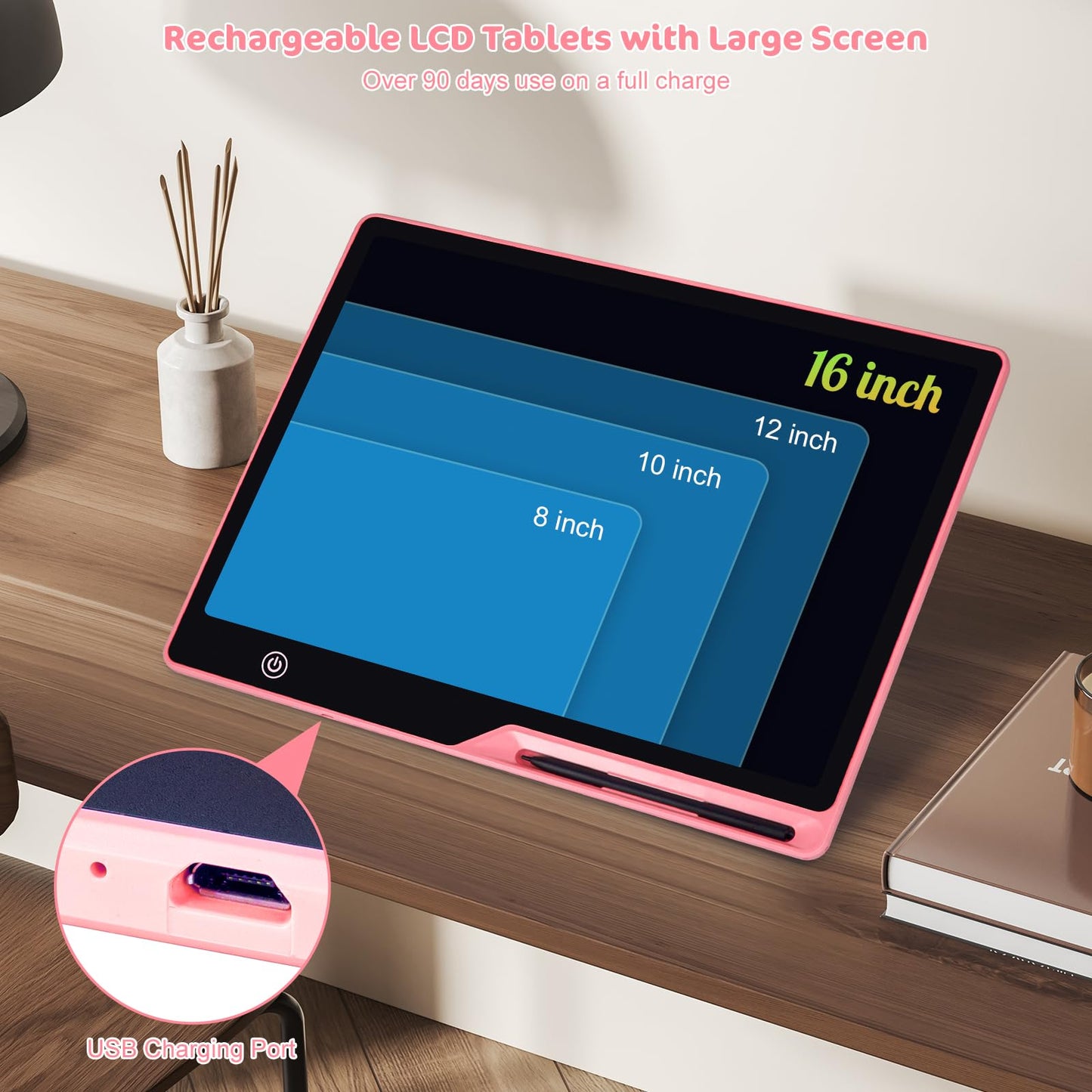 POPERFUN LCD Writing Tablet for Kids, Rechargeable Kids Drawing Pad 16 Inch Colorfuls Doodle Board, Kids Drawing Tablet Toys for