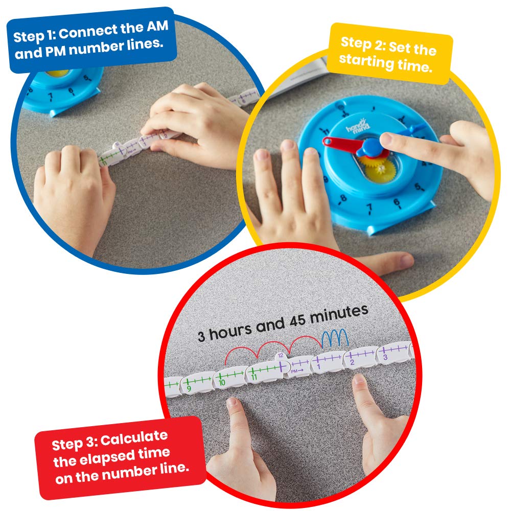 Learning Resources Hand2Mind Advanced NumberLine Teaching Clock Set of 6, Telling Time & Elapsed Time, Multicoloured, Plastic, Model 93410