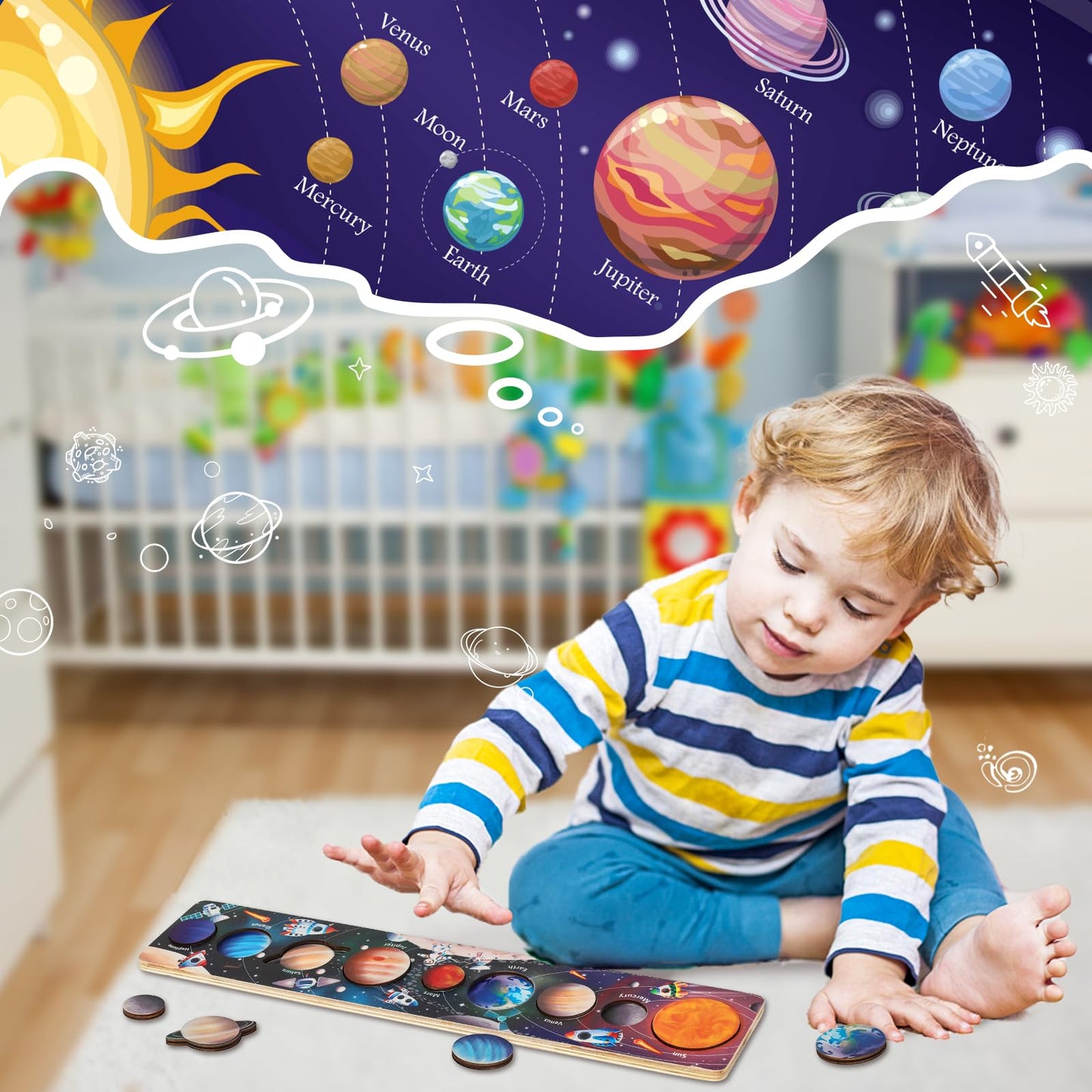 Zeoddler Solar System Toys For Kids 3-6, Wooden Space Puzzle For Kids, Planets For Kids, Preschool Learning Activities, Gift For Boys, Girls