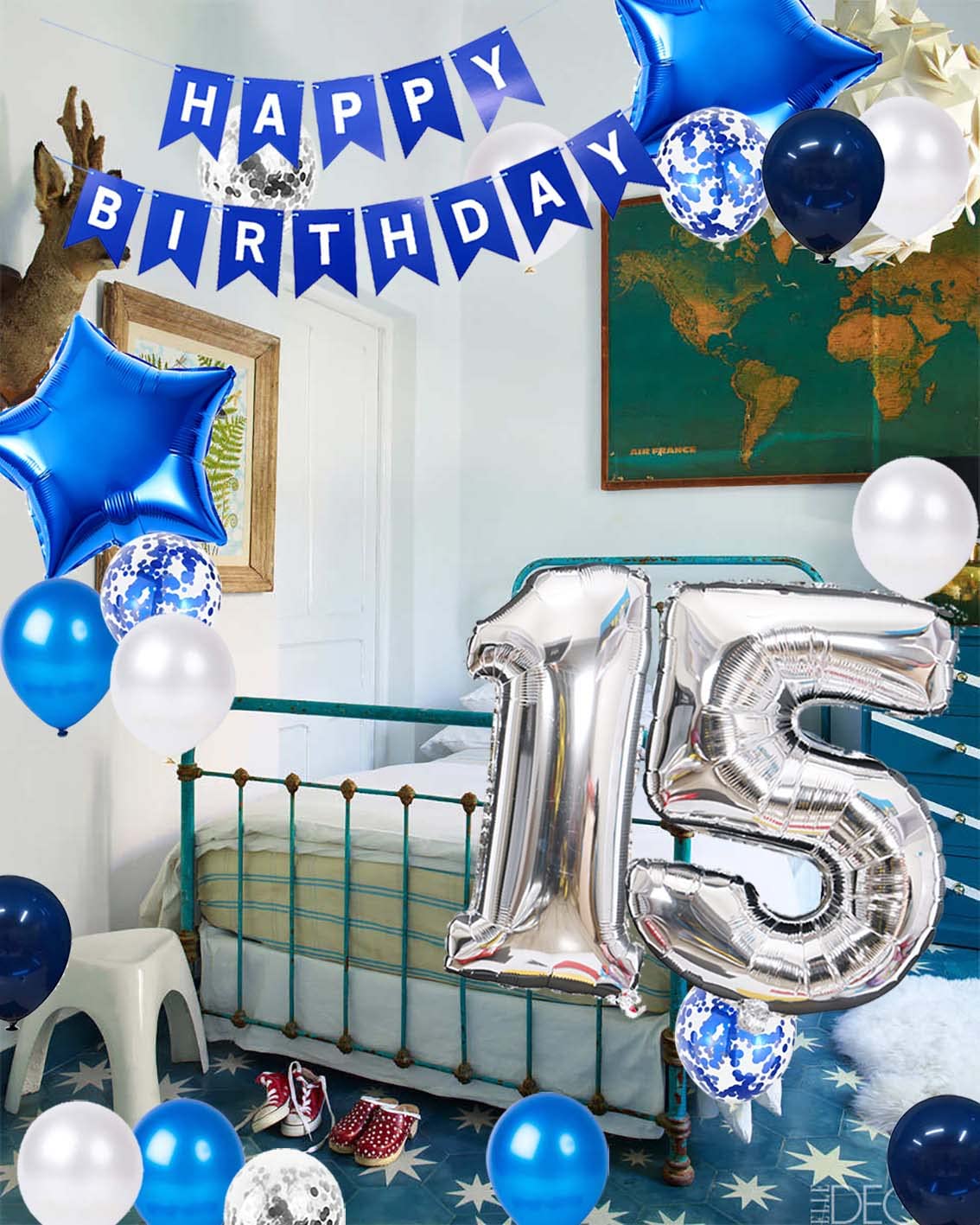 15Th Birthday Party Decoration For Boys, Happy Birthday Banner Blue Number 15 Birthday Balloons 15Th Birthday Latex Confetti Bal