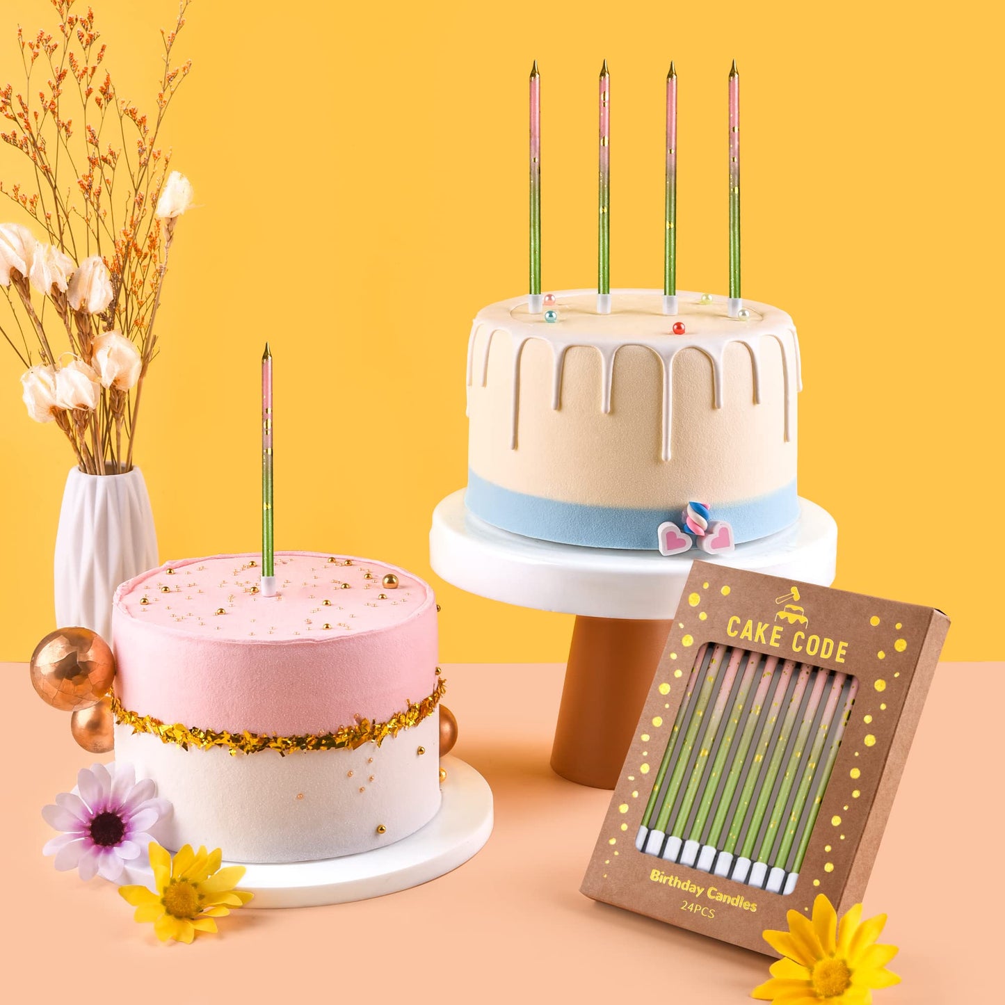 CAKE CODE 24-Count Pink Green Gold Long Thin Birthday Candles, Cake Candles, Birthday Parties, Wedding Decorations, Party Candle