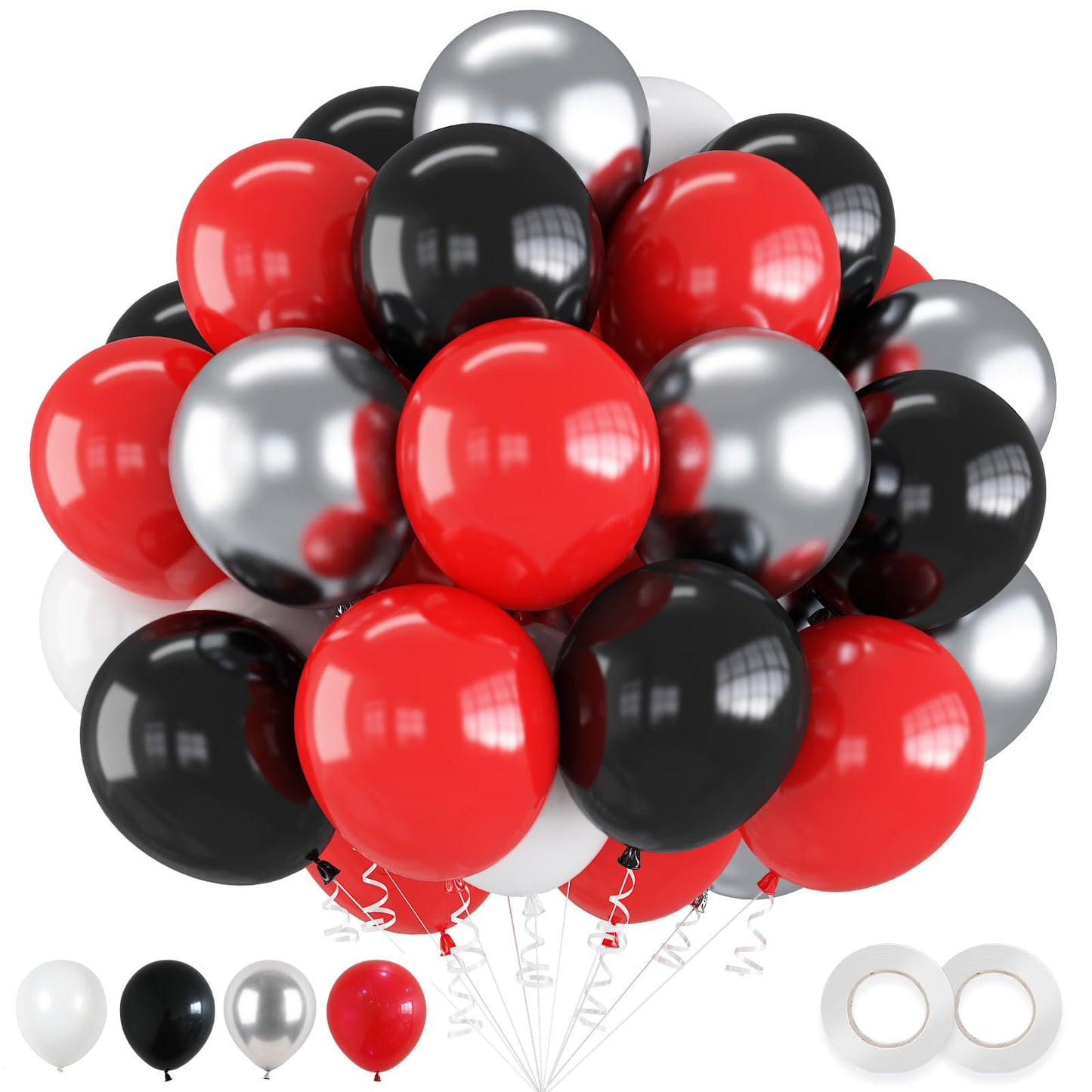 Red And Black Balloons, 60 Pcs Red Black And White Balloons Set With Metallic Silver Balloons, 12 Inch Red And Silver Balloons F