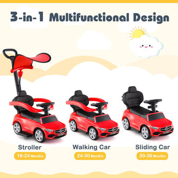 Costzon Push Car for Toddlers  3 in 1 Mercedes Benz Stroller Sliding Walking Car w/Canopy  Handle  Safety Bar  Horn Sound  Underneath Storage  Foot-to-Floor Ride On Toy for Boys & Girls (Red)