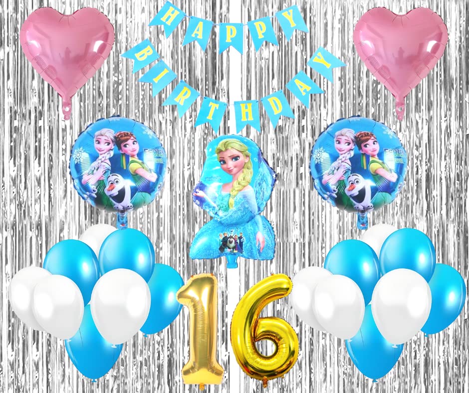 Flyloons 16Th Frozen Elsa Theme Birthday Decorations Items For Girls With Elsa Anna Olaf Foil Balloon,Light Pink Star Foil,Sky B