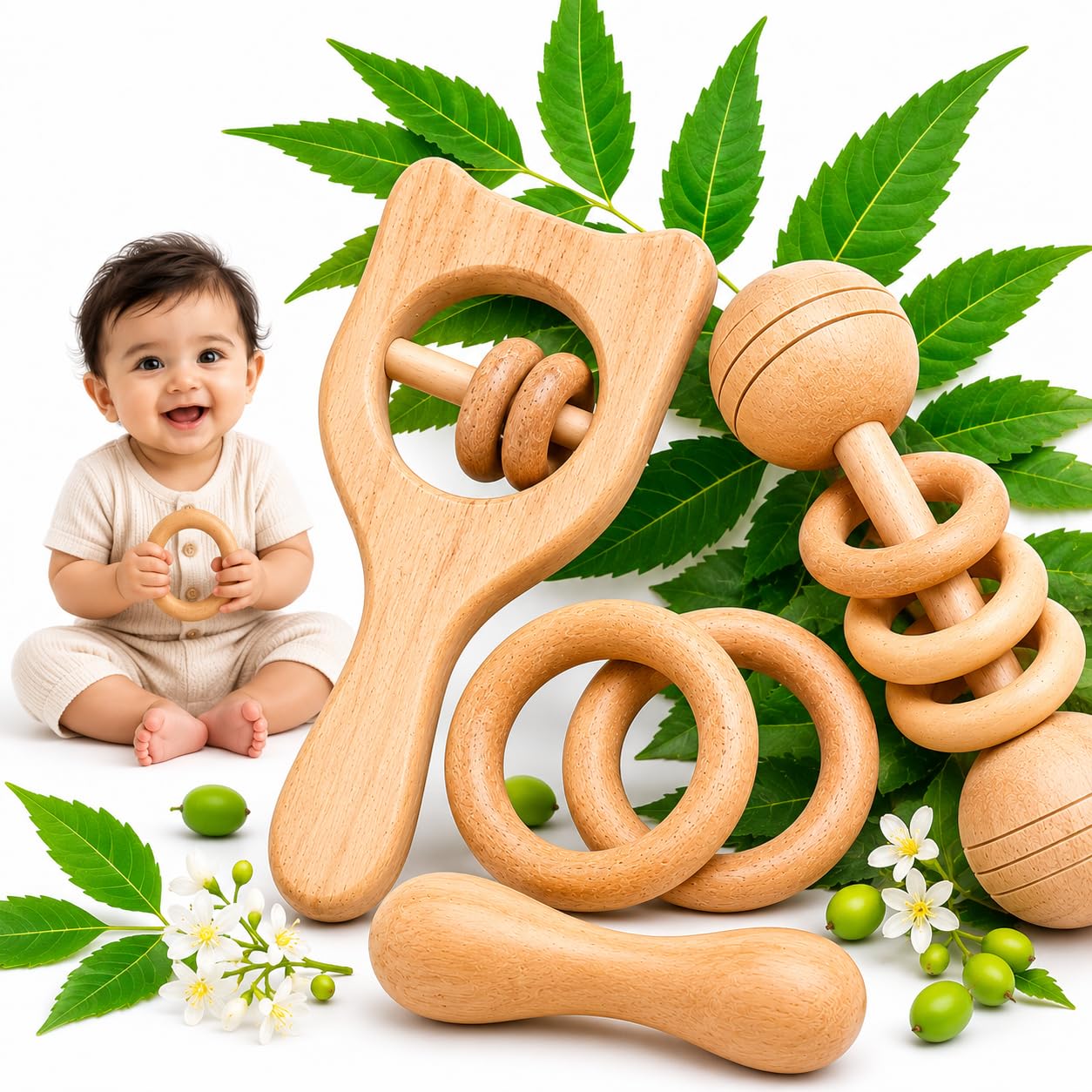 Shreeja Shilpcraft Neem Wood Baby Rattle With Teether, Natural Wooden Toy Combo Set For Infants, 5 Pieces