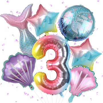 Mermaid 3Rd Birthday Decorations, 8Pcs Mermaid Birthday Decorations Balloons, 40 Inch Rainbow Number 3 Balloon, Large Helium Foil Mermaid Tail Balloon, Seashell Balloons For Mermaid Party Supplies