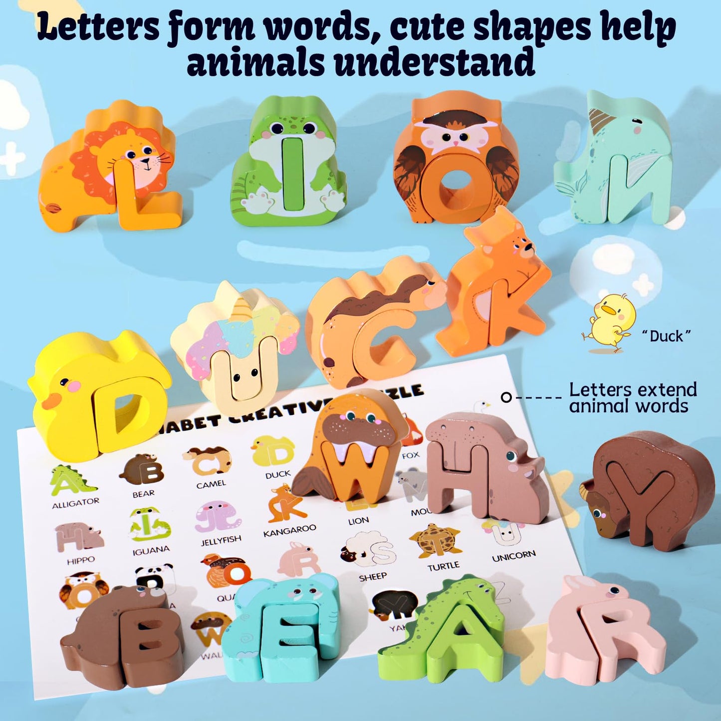 Bestamtoy 52 Pieces Matching Game, Wooden Alphabet Animal Puzzles For Toddlers, Abc Peg Puzzles For Kids Ages 3-5, Preschool Learning Activities Toys