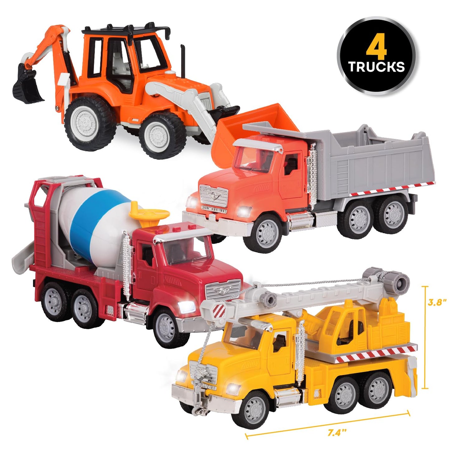Driven By Battat - 4 Construction Toys For Kids&Toddlers - 7.5'' Crane Toy, 7'' Dump Truck, 6.5'' Cement Mixer, 7'' Excavator Ba