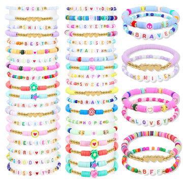 Yesaior 60 Pcs Colorful Friendship Bracelet, Stackable Elastic Cute Beaded Bracelets Preppy Bracelets Bulk Set For Women Gift (F