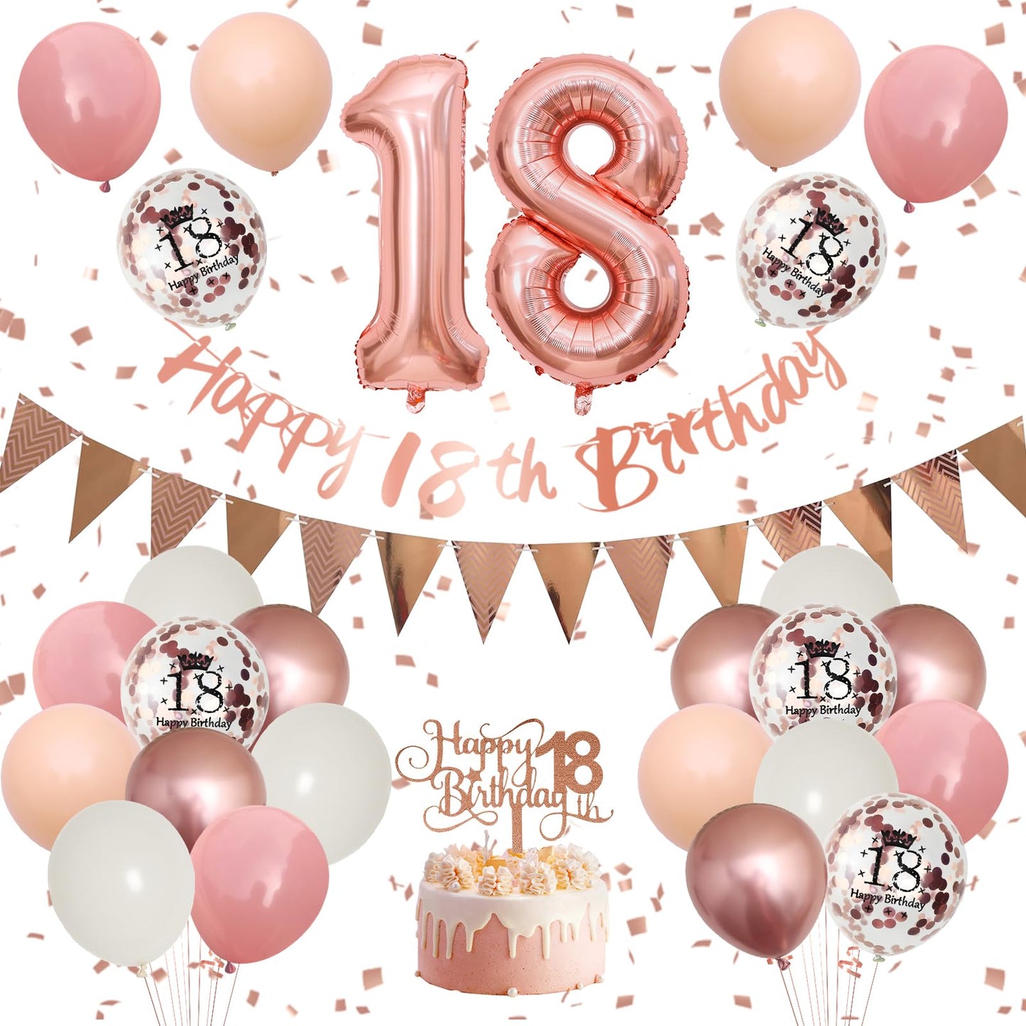 18Th Birthday Decorations Retro Pink Rose Gold,18Th Birthday Balloons,Happy 18Th Birthday Banner With Cake Toppers Number 18 Bal