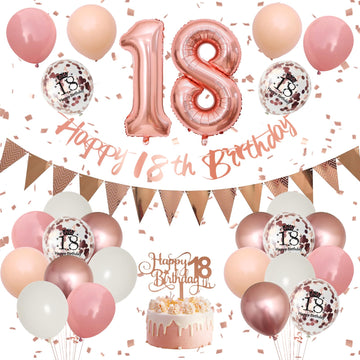 18Th Birthday Decorations Retro Pink Rose Gold,18Th Birthday Balloons,Happy 18Th Birthday Banner With Cake Toppers Number 18 Bal