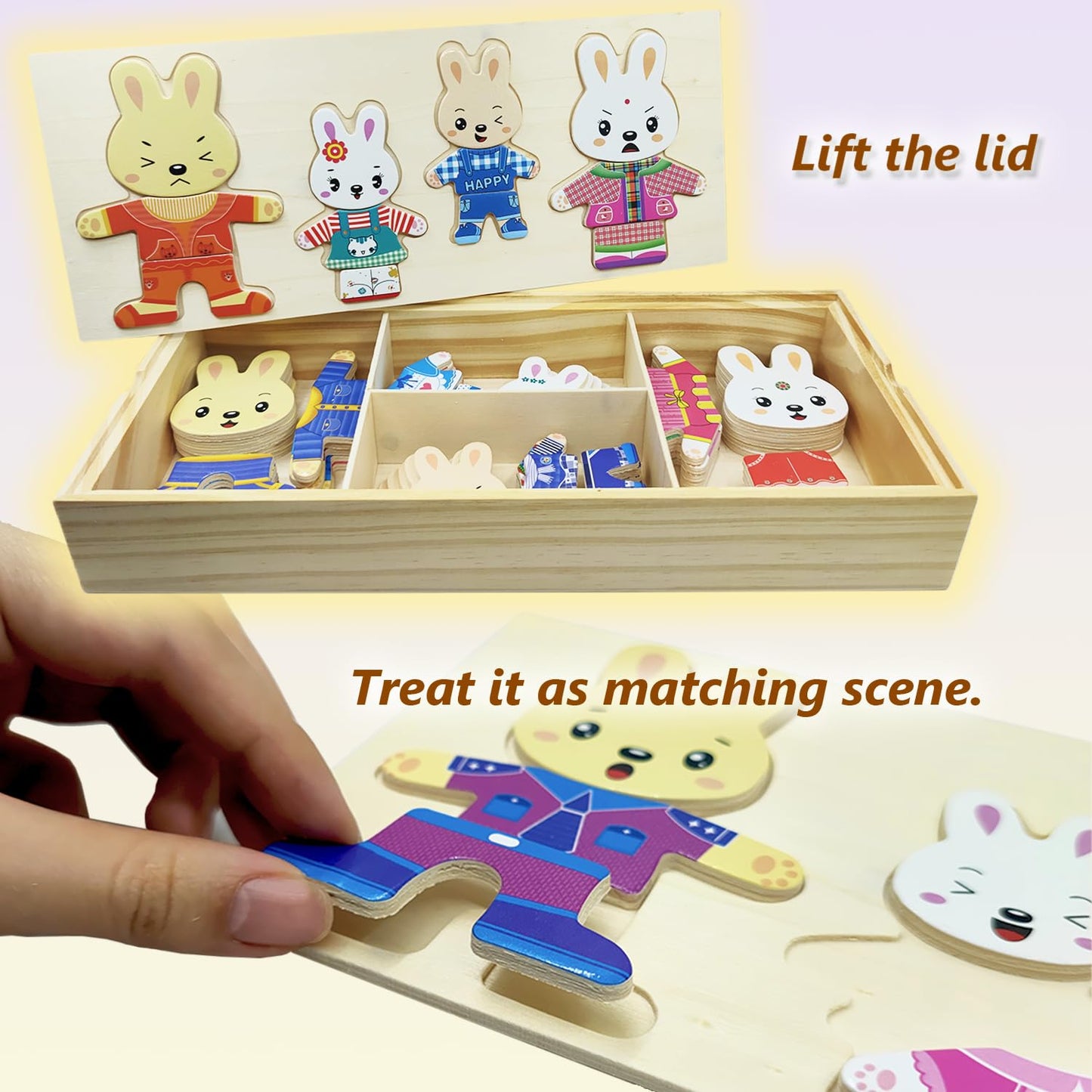 Lilybeauty Wooden Bunny Family Dress-Up Puzzle Box For Toddlers(72Pcs),Change Clothes Puzzle Games, Preschool Learning Activitie