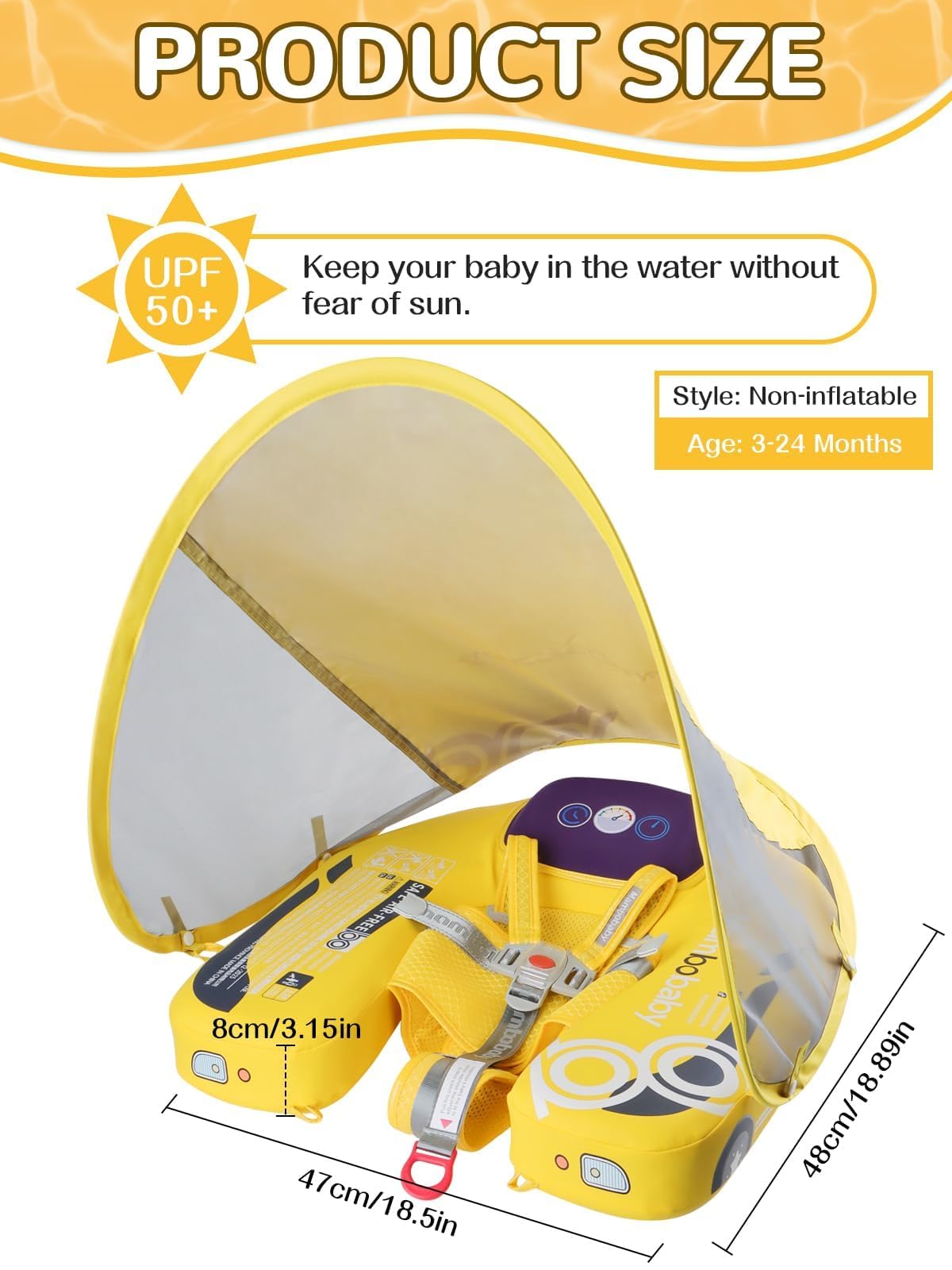 Kalolary Baby Pool Float with Canopy, Non-Inflatable Swim Trainer, Adjustable Strap, for 3-24 Months, Yellow Car