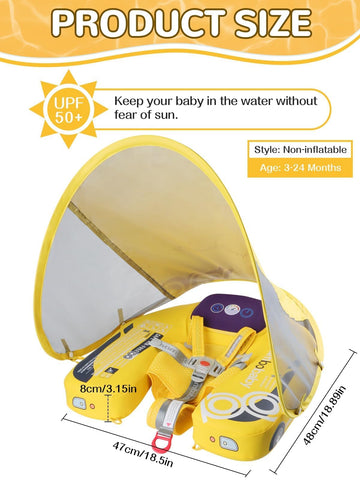 Kalolary Baby Pool Float with Canopy, Non-Inflatable Swim Trainer, Adjustable Strap, for 3-24 Months, Yellow Car