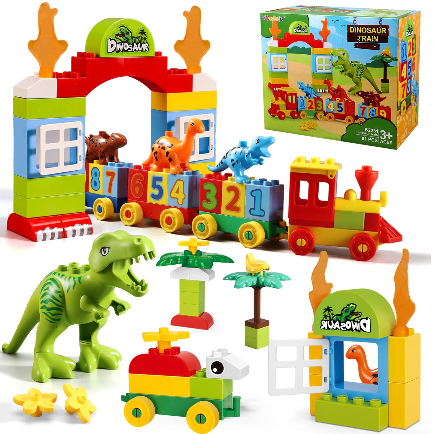 Dinosaur Building Blocks Toys,Jurassic Theme Building Blocks,With A Counting Train,A Big T-Rex,And Three Dinosaurs,Compatible Wi
